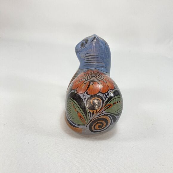 Mexican Folk Art Cat Earthen Ware Clay Figurine Hand Painted Blue Floral 5x4" - Picture 4 of 9